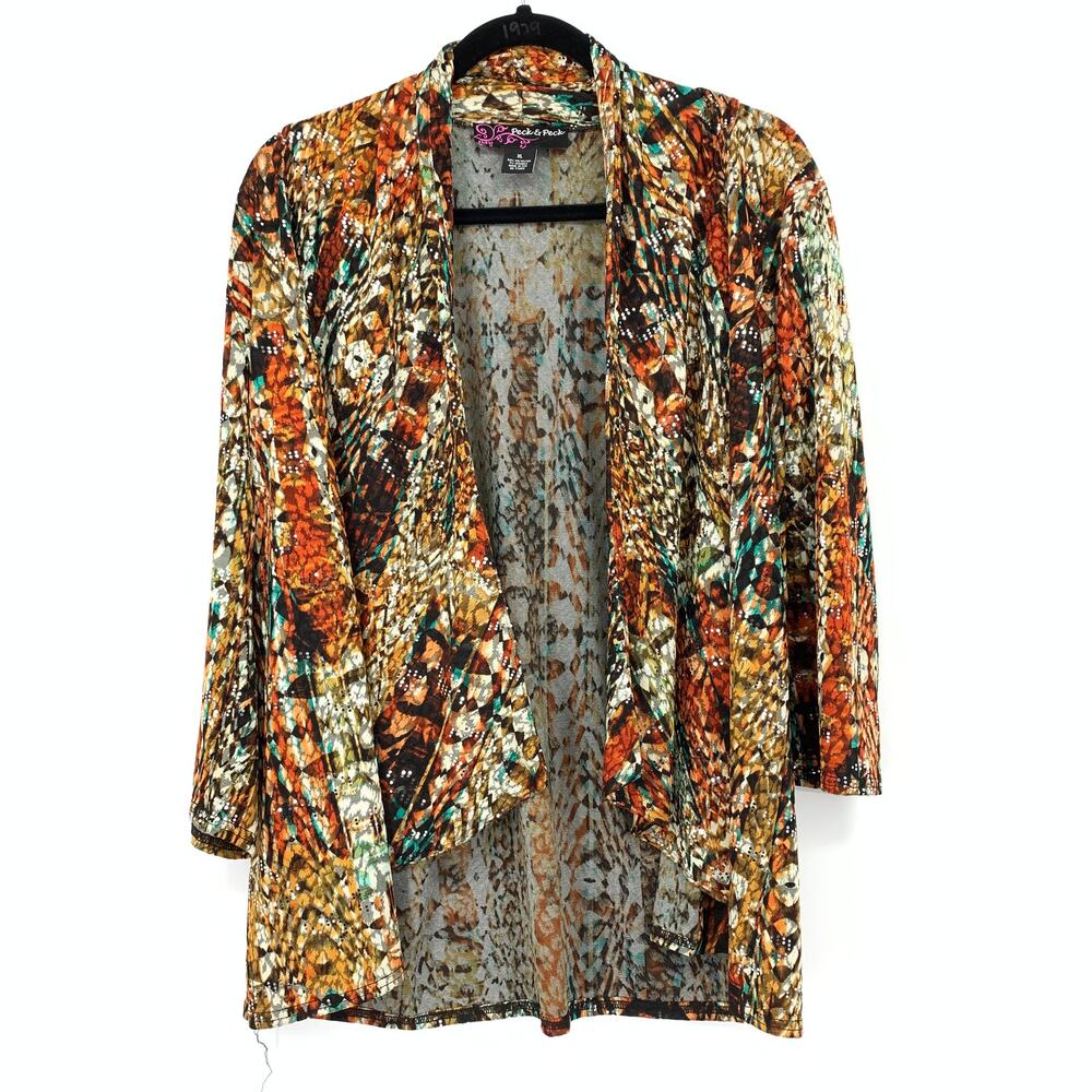 Peck & Peck Sz XL Multicolor Abstract Studded Draped Topper Jacket 3/4 Sleeve